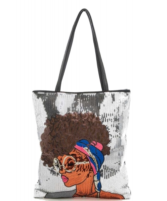 Glasses Girl Sequins Large Tote Bag A039GT-L SILVER